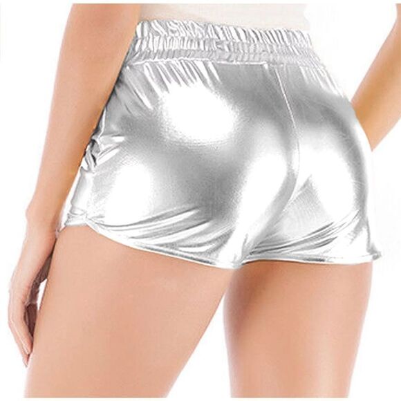 Women's Metallic Silver Elastic Waist Activewear Running Shorts Size Medium - Picture 2 of 5